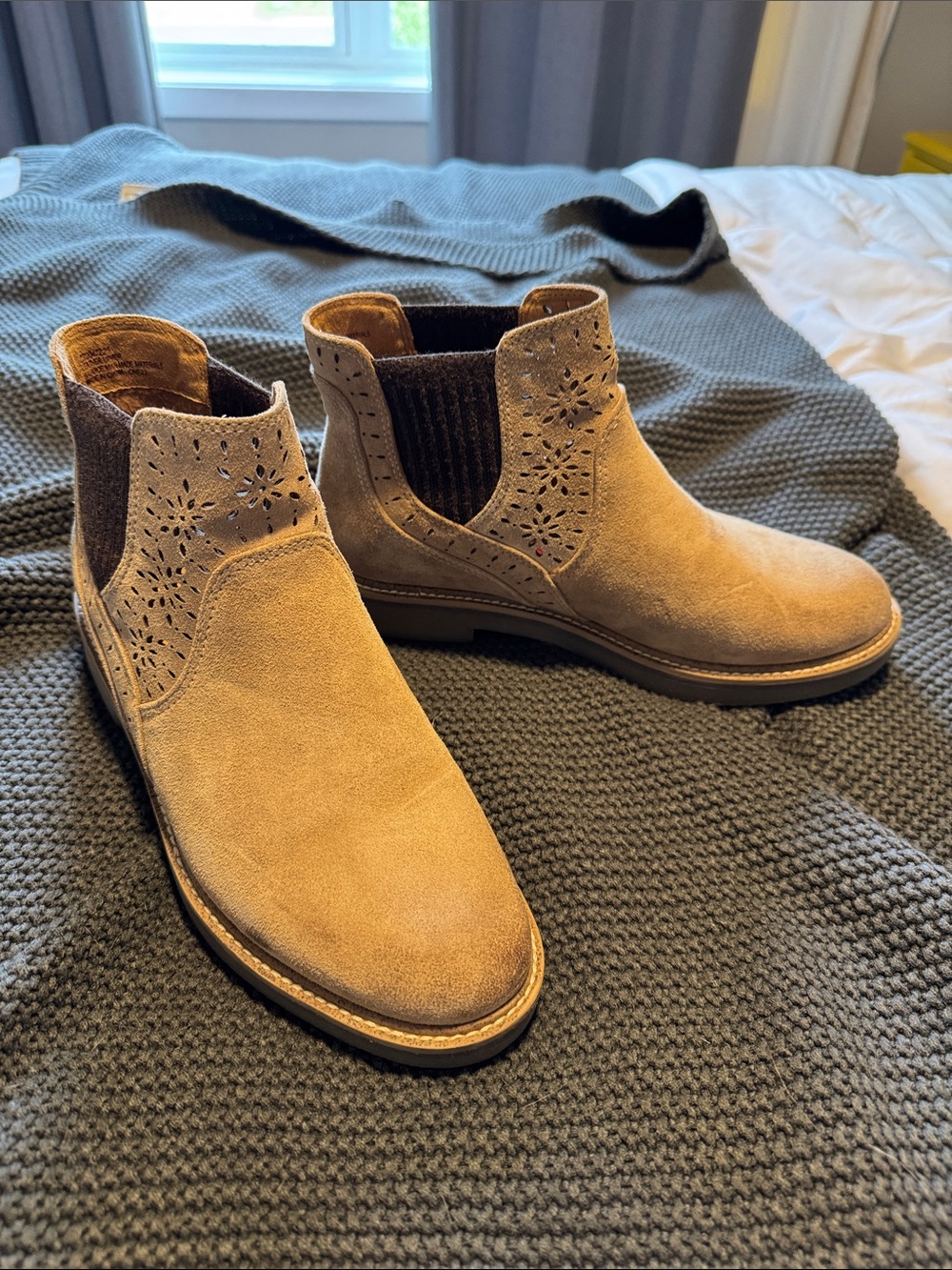 Comfortiva Suede Tan Ankle Booties with Laser-Cut Floral Detail